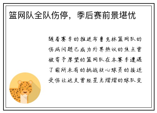 篮网队全队伤停，季后赛前景堪忧