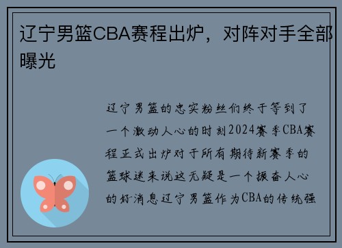 辽宁男篮CBA赛程出炉，对阵对手全部曝光
