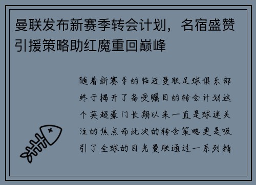曼联发布新赛季转会计划，名宿盛赞引援策略助红魔重回巅峰