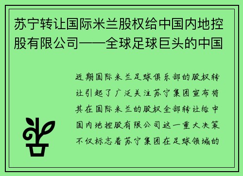 苏宁转让国际米兰股权给中国内地控股有限公司——全球足球巨头的中国梦